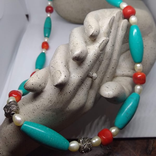 Natural Turquoise Bead Necklace with Pearl and Red Coral -Beautifully Handmade