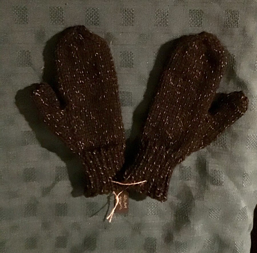 Black mittens hand knit reflective yarn