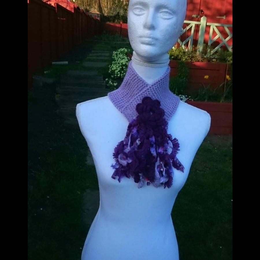 Chunky Crochet Necklace - Hand Knit Lilac Neck Wrap with flowers