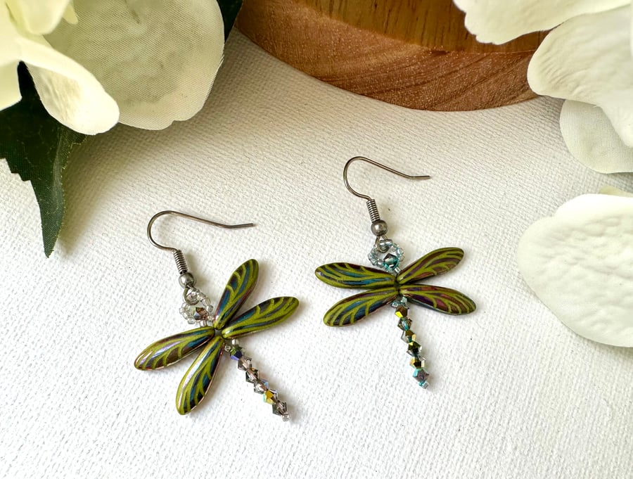 Dragonfly Earrings - Green Laser Wing