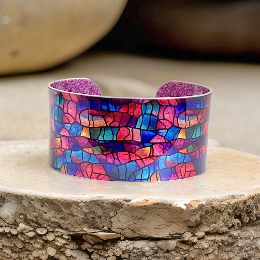 Artistic cuff bracelet, magenta wide metal bangle. Can be personalised (821)