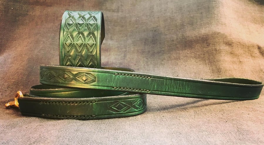 Hand embossed green leather collar and lead