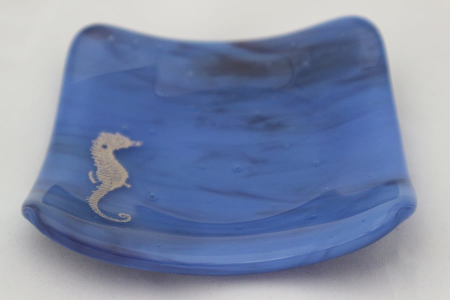Handmade fused glass trinket or soap dish - platinum seahorse on  blue marble