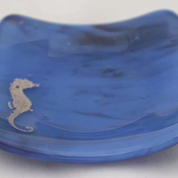 Handmade fused glass trinket or soap dish - platinum seahorse on  blue marble
