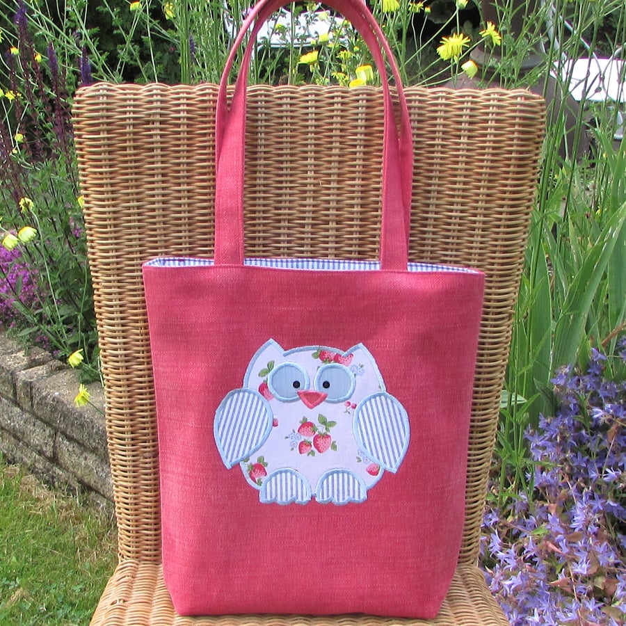 Owl tote bag - Coral pink with strawberry print owl