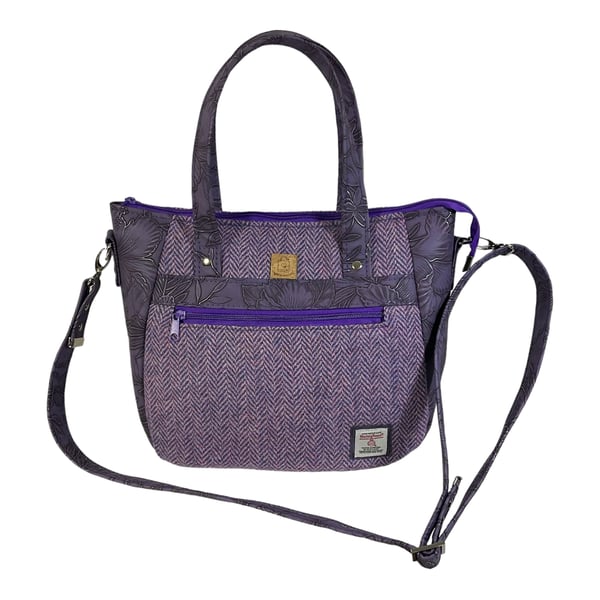 Crossbody Handbag made with purple Harris Tweed and purple floral faux leather 
