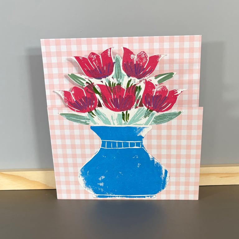 Greetings Card - Vase of Tulips on Pink Gingham