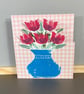 Greetings Card - Vase of Tulips on Pink Gingham