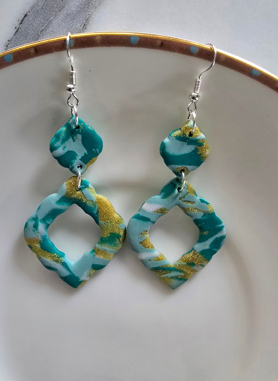 Polymer clay dangle green and gold earrings on silver plated earhooks