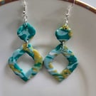 Polymer clay dangle green and gold earrings on silver plated earhooks