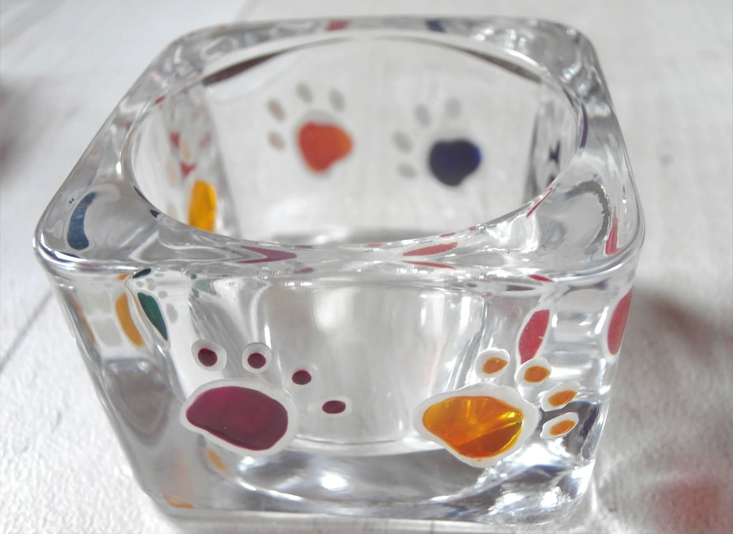Pet memorial Rainbow pawprint tealight holder. Hand painted. Dog memorial.