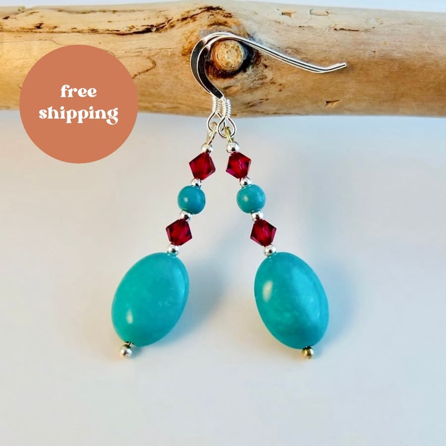 Genuine Turquoise Earrings With Swarovski 'Ruby' Crystals - Handmade In Devon