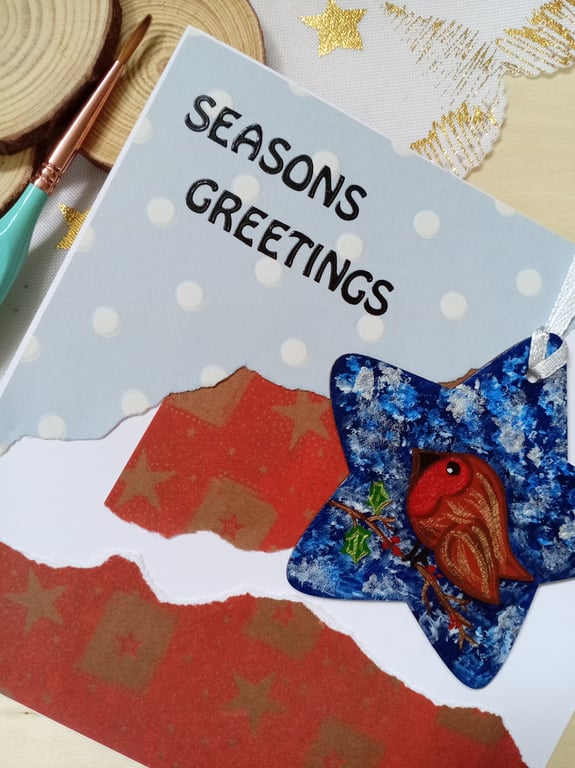Christmas card with a wooden robin decoration