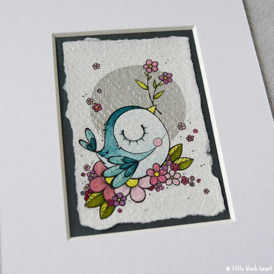 flowery bluebird - original aceo with mount
