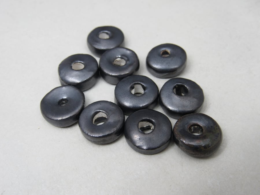 10 Small Metallic Glazed Ceramic Washer Beads