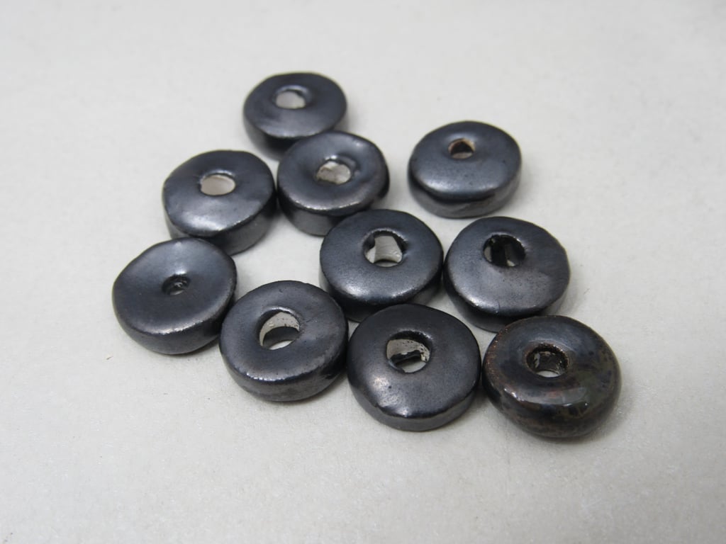 10 Small Metallic Glazed Ceramic Washer Beads