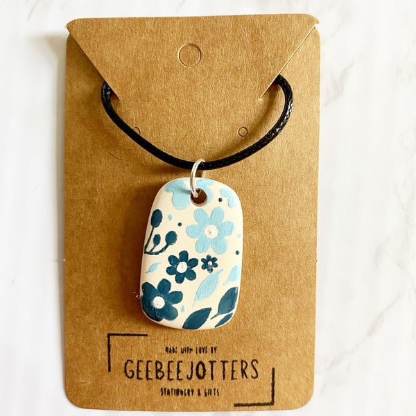 Hand Painted Ceramic Pendant Necklace with Blue Flower & Leaf Design