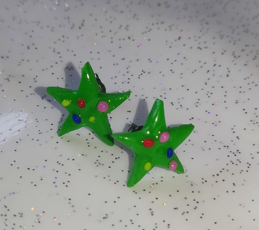 Handmade green Christmas star earrings