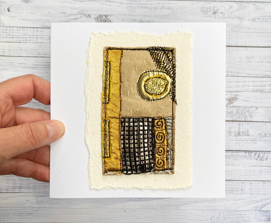 Up-cycled handmade fabric embroidered Klimt inspired art card. 