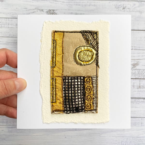 Up-cycled handmade fabric embroidered Klimt inspired art card. 