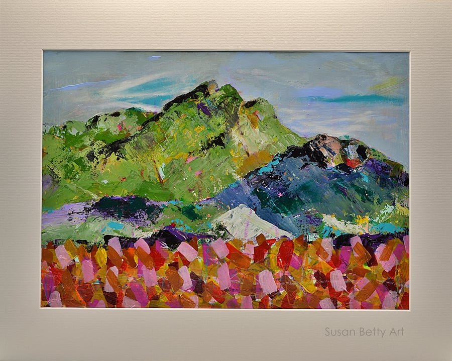 Original Painting of Mountains and Pink Flowers (20x16 inches)