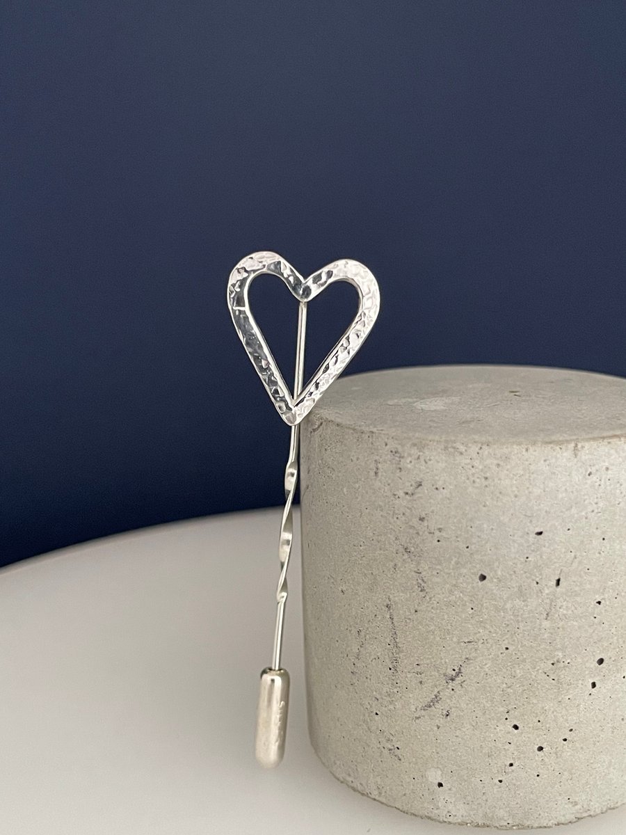 Sterling Silver Heart Tie Lapel Stick Pin-Brooch Hammered-Sparkly Handmade