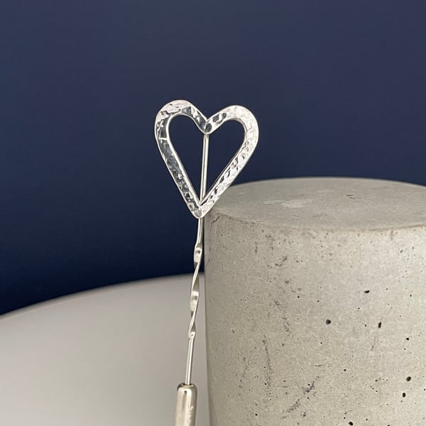 Sterling Silver Heart Tie Lapel Stick Pin-Brooch Hammered-Sparkly Handmade