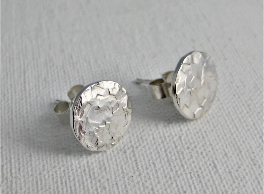 Sterling Silver Pebble Ear Stud Earrings - Chunky Hand Forged Hammered-Patterned