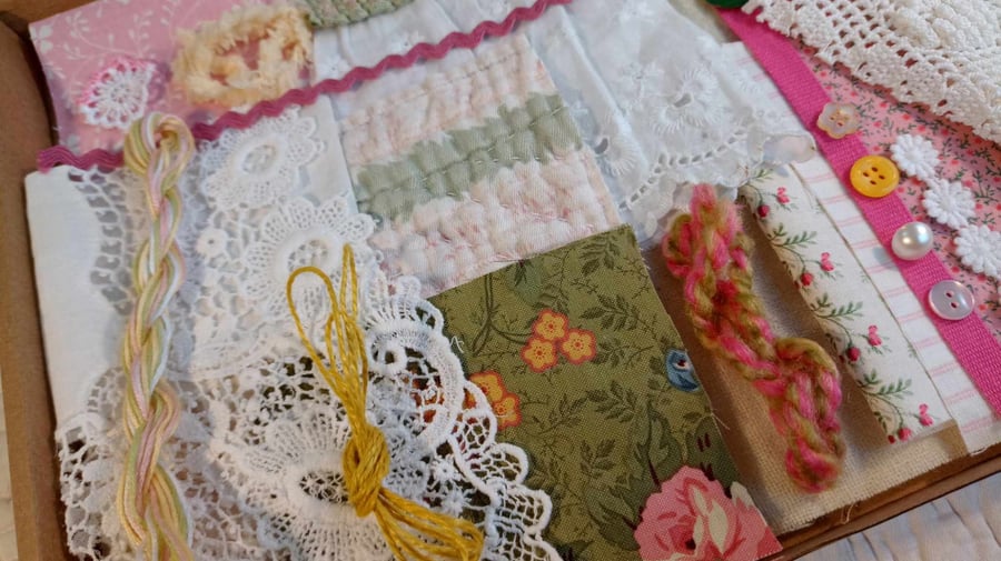 Vintage Slow Stitching bundle - pink and green antique quilt, cotton, wool, lace