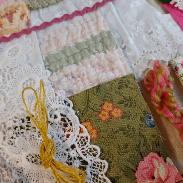 Vintage Slow Stitching bundle - pink and green antique quilt, cotton, wool, lace