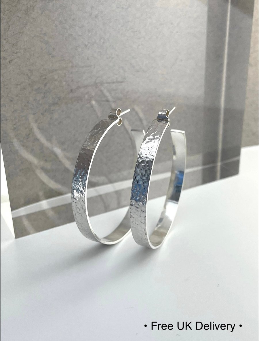 Silver Hoop Earrings - Sterling Silver 5mm Wide Hammered-Sparkly - Sizes 25-50mm