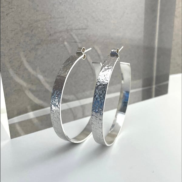 Silver Hoop Earrings - Sterling Silver 5mm Wide Hammered-Sparkly - Sizes 25-50mm