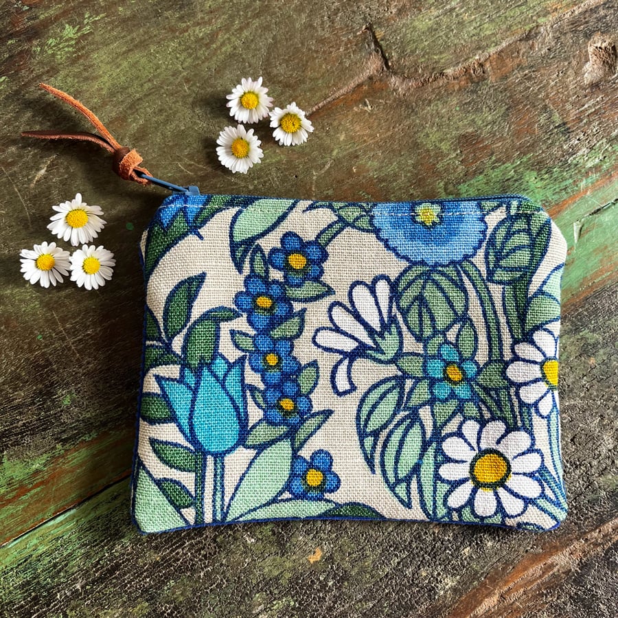 Vintage Flower Waltz linen and blue corduroy coin purse small pouch
