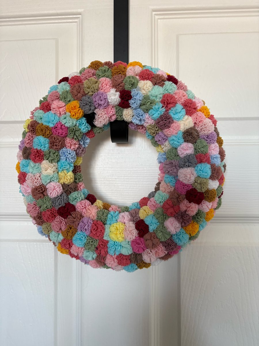 Splash of colour scrunchy Pom Pom wreath.  