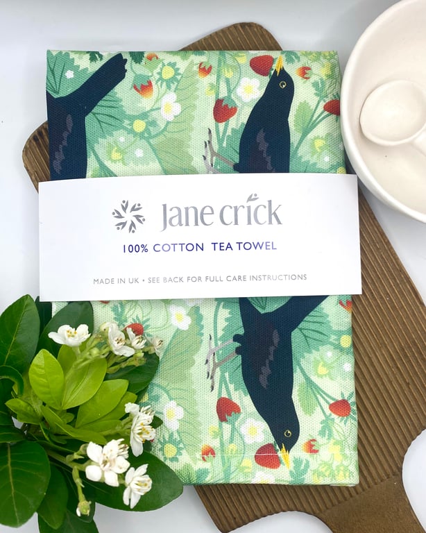 Blackbird with Strawberries 100% Cotton Tea Towel