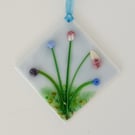 Fused glass mini hanging decoration, blue and purple flowers