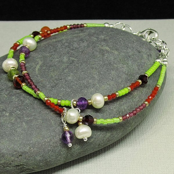 Double Strand Mixed Gemstone Bracelet - Sterling Silver 