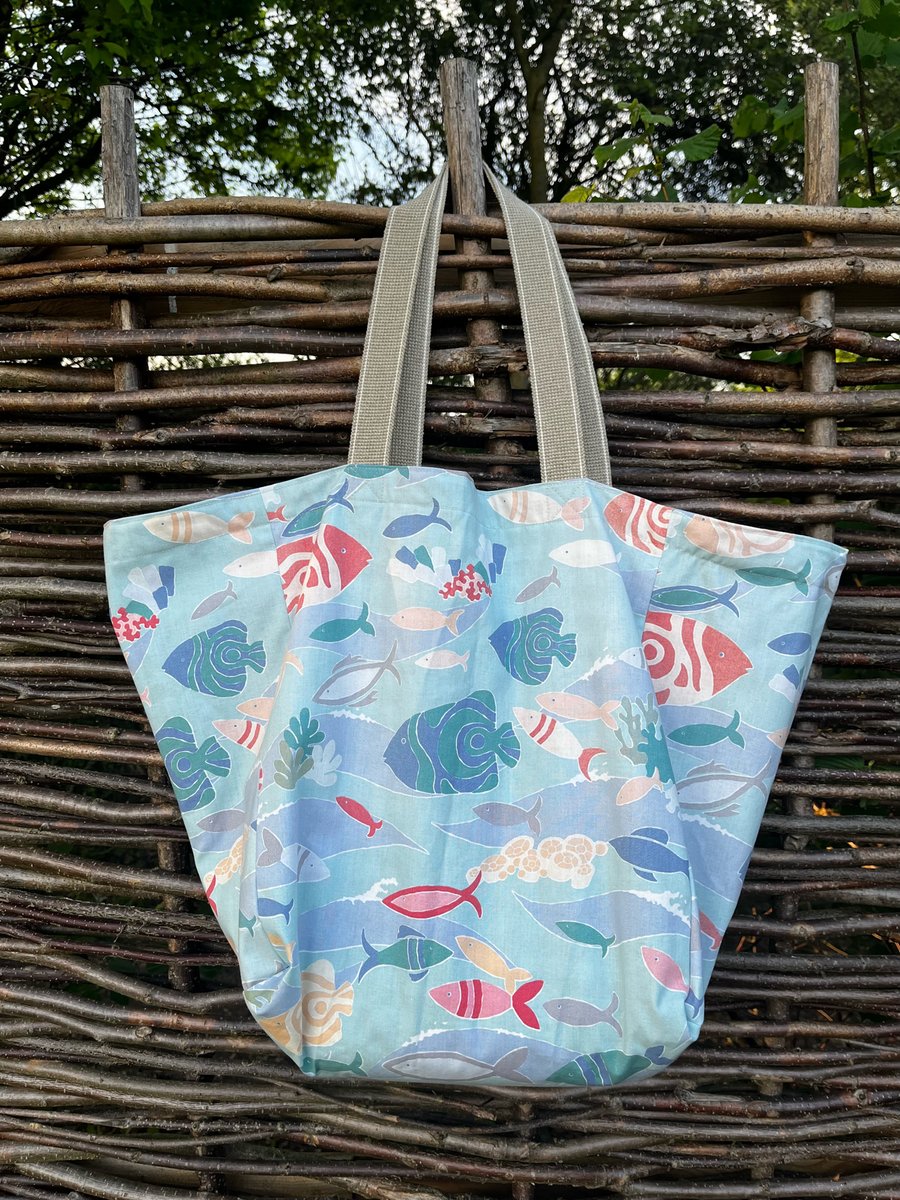 Fish cotton beach bag tote bag with gingham lining reclaimed fabric Laura Ashley