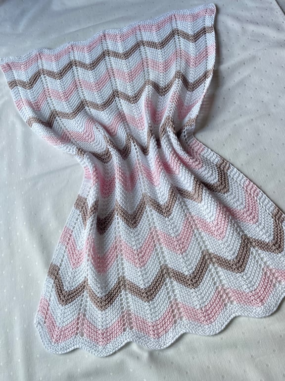 Pink, taupe and white striped baby blanket in 100% cotton 