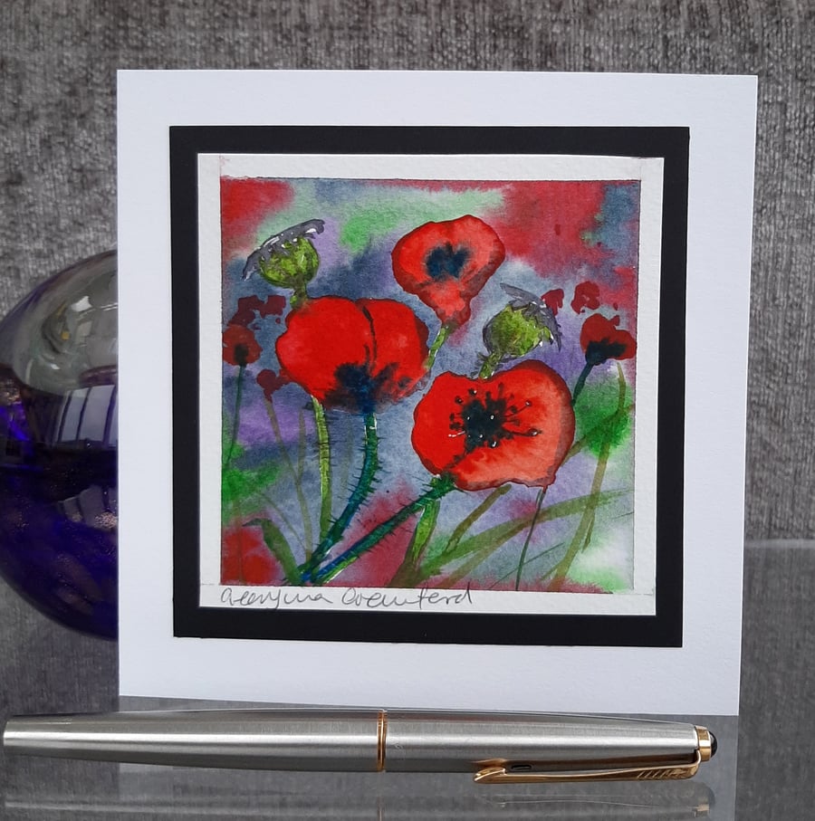 Red Poppies. Handpainted Watercolour Blank Card. Unique Notelet. Gift