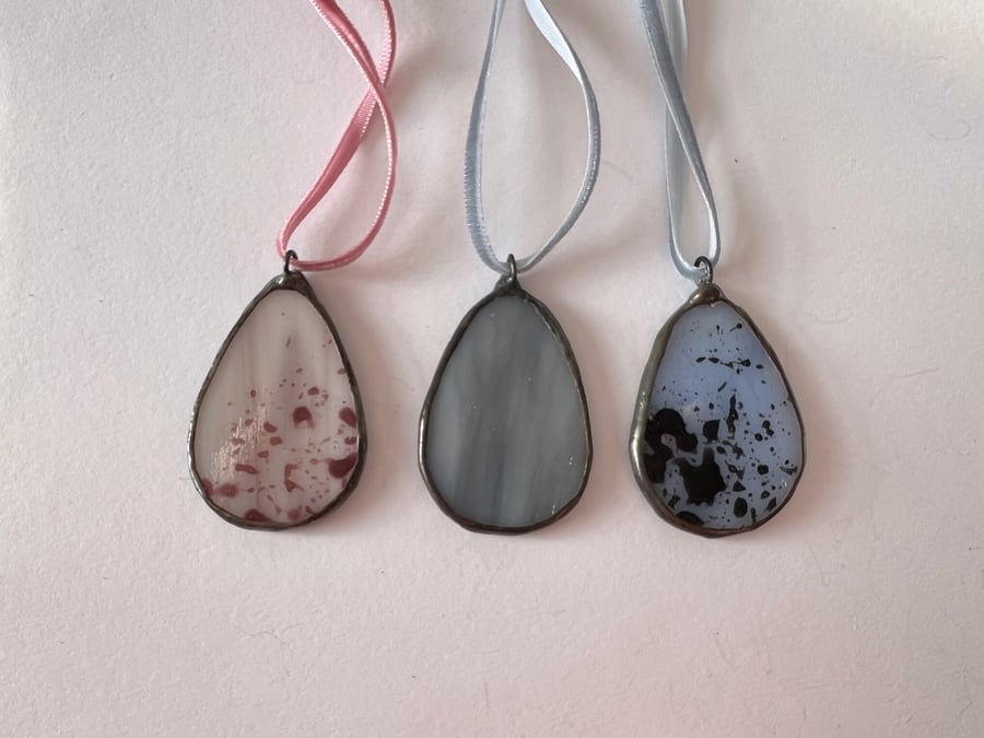 Set of 3 stained Glass birds eggs - spring Easter gift in greys and blue