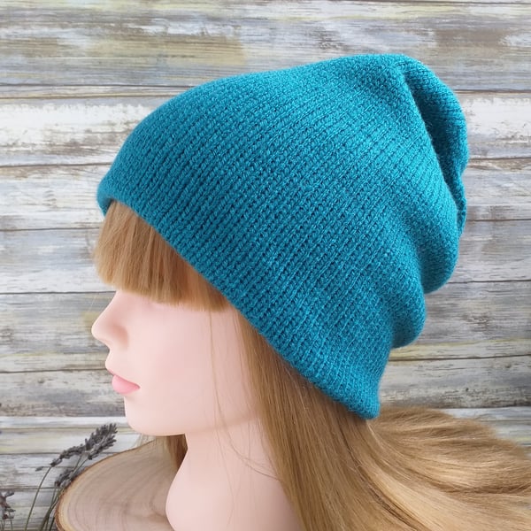 Classic Knitted Beanie, Teal Blue Slouchy Hat, Double Layered Knitted Hat