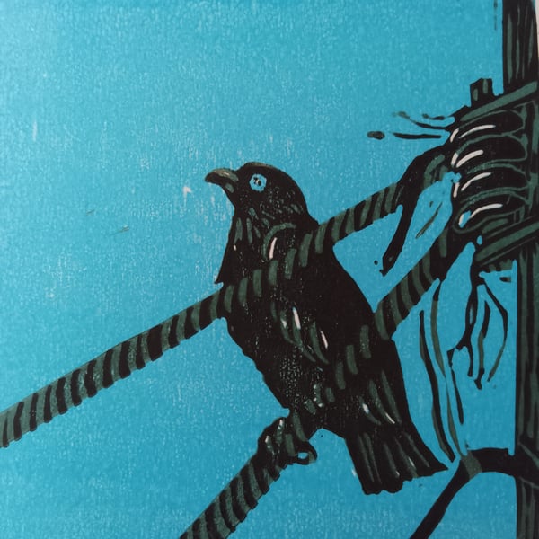 Bird on a wire limited edition linoprint 