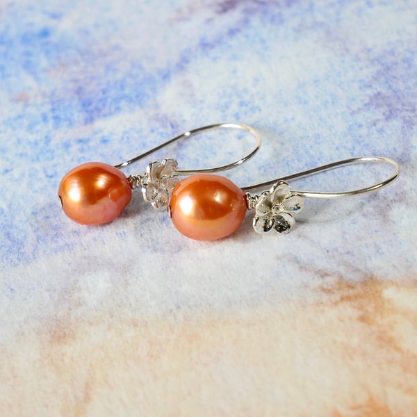 Large Baroque Freshwater Pearls on Sterling Silver Flower Hooks