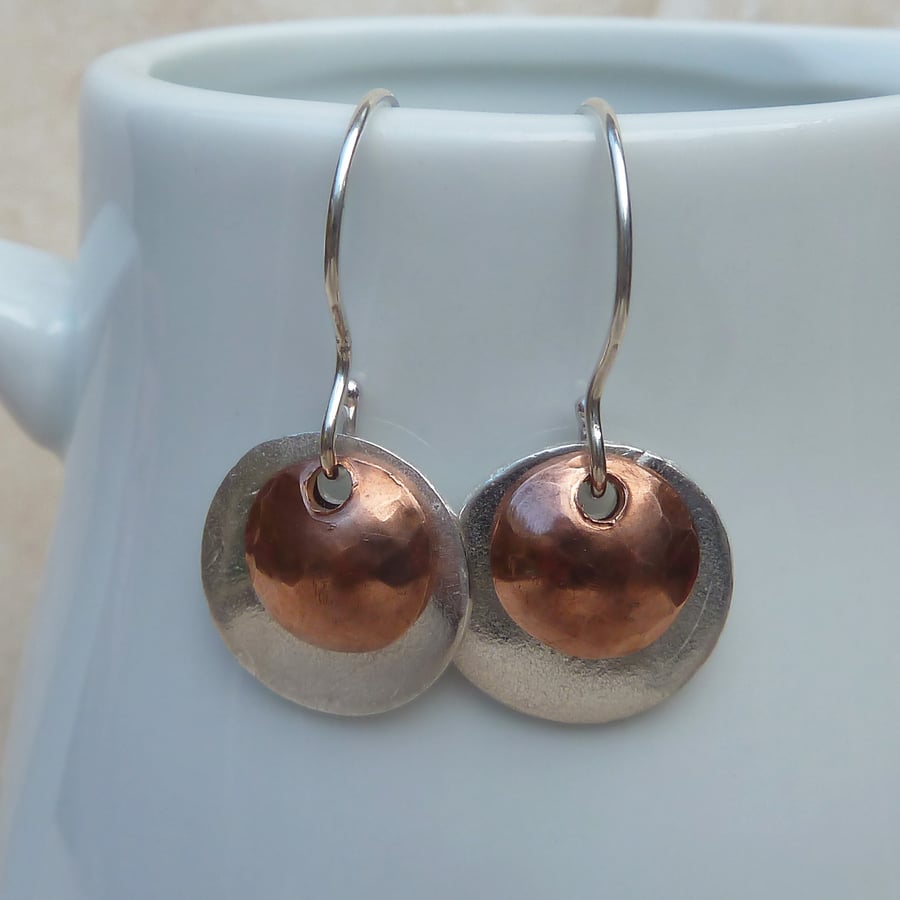 Sterling Silver and Copper Disc Charm Earrings - MET016