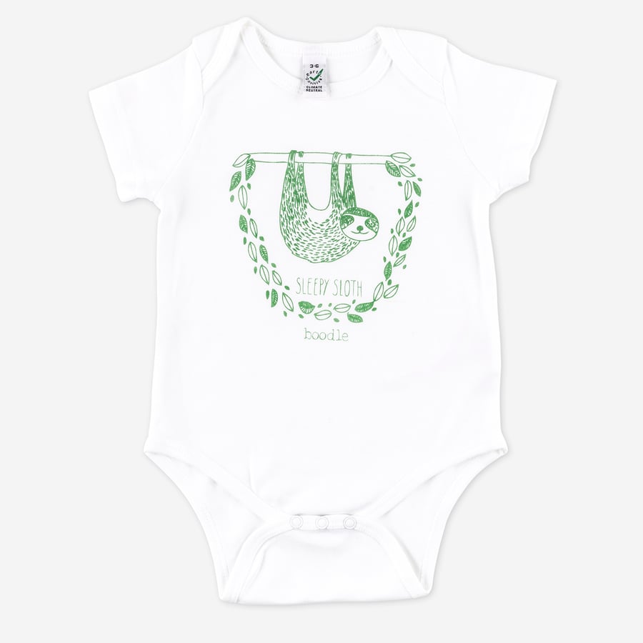 100% Organic Sleepy sloth baby grow, hand screen printed with eco-friendly inks.