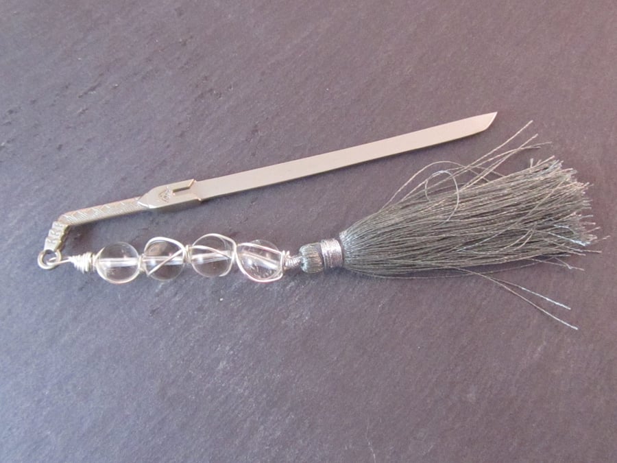 Clear Quartz Sword Bookmark, Wire Wrapped Metal Bookmark