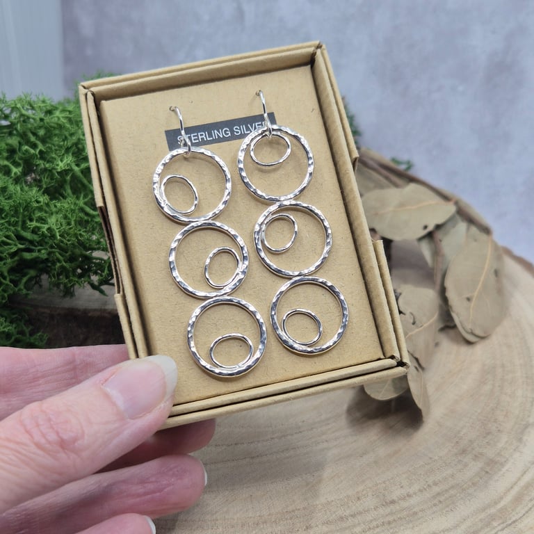 Sterling Silver Triple Circle Dangle Earrings (OOAK) (B)