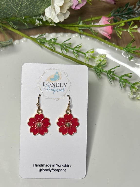 Red Flower Earrings, Floral Charms, Handmade Jewellery 