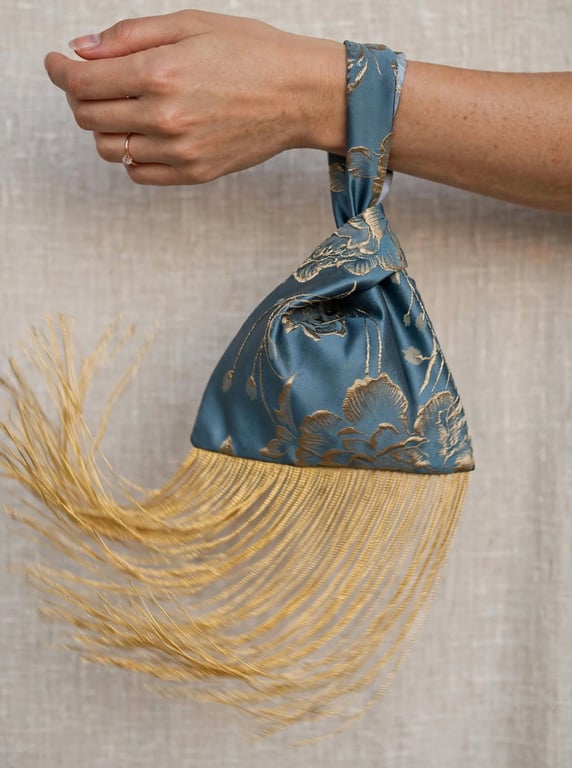 Teal blue and gold floral satin brocade Japanese knot bag